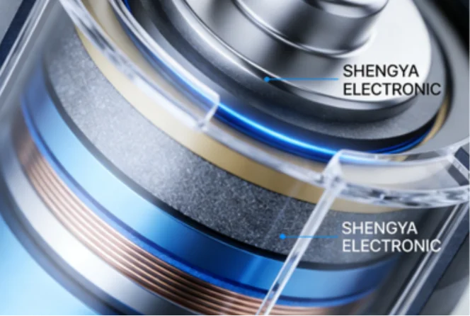 Close-up of high-energy density battery structure with branded label.