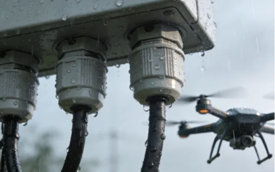 Rainproof cable glands on an outdoor monitoring box, with a drone flying in the background.