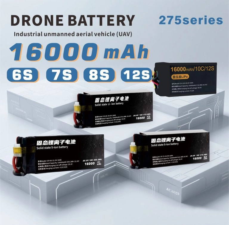 The image shows a promotional poster for drone batteries with a 16000mAh capacity