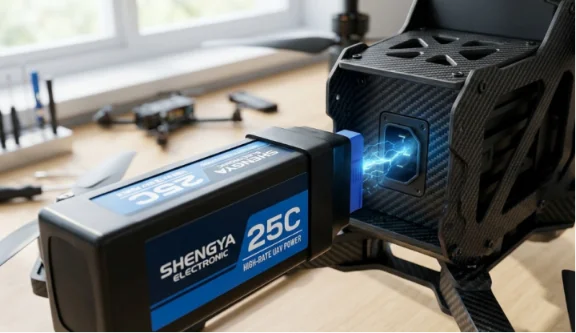 Close-up of Shengya Electronic 25C high-rate battery installing into drone frame.