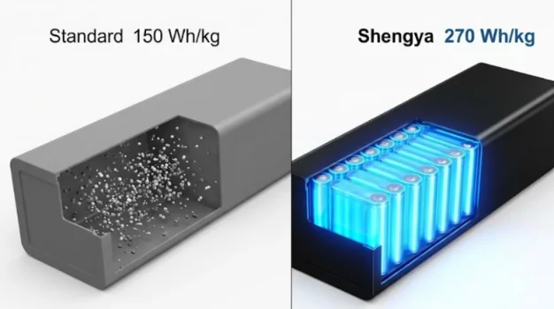 Comparison diagram of standard vs. Shengya high energy density battery internals.