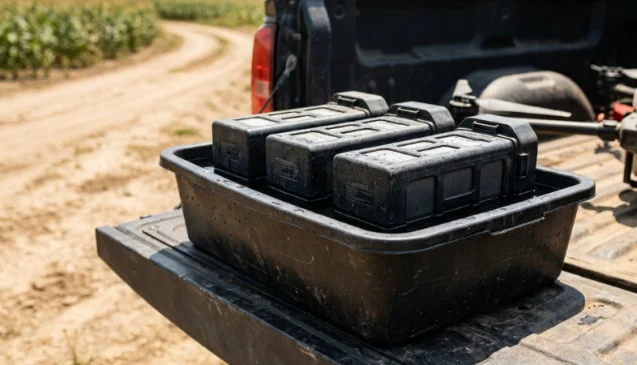 Drone batteries cooling in a water tub on a farm truck.