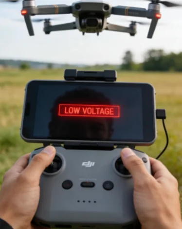 Drone controller screen showing “LOW VOLTAGE” warning during flight.