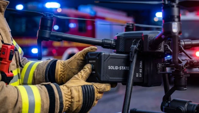 Firefighter clicking solid-state battery into drone