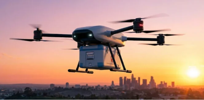 Heavy-lift drone carrying medical cooler at sunset.