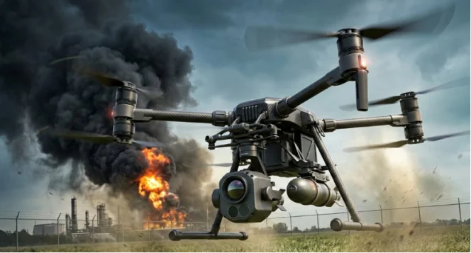 Heavy-lift response drone launching with firefighting gear near industrial blaze.