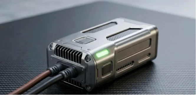 High-capacity commercial drone battery with green indicator light.