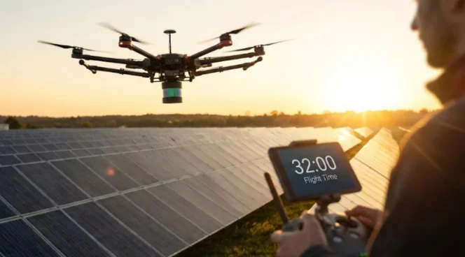 Industrial drone inspecting solar farm with controller showing long flight time.