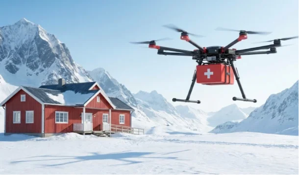 Medical drone delivering supplies to snowy mountains.