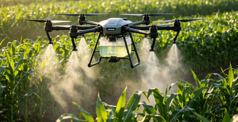 A agricultural drone spraying a cornfield.