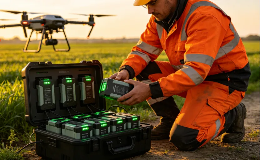 A technician charging multiple drone batteries in a field.