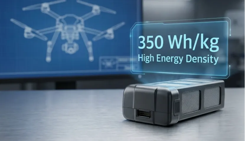 Advanced drone battery pack with 350 Whkg hologram on workbench.