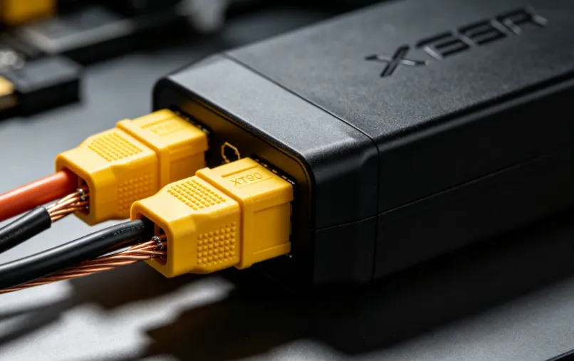 Close-up of a black power unit with two yellow XT90 connectors and exposed braided copper wires.