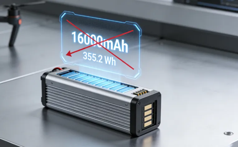 Drone battery displaying energy conversion from mAh to Wh.