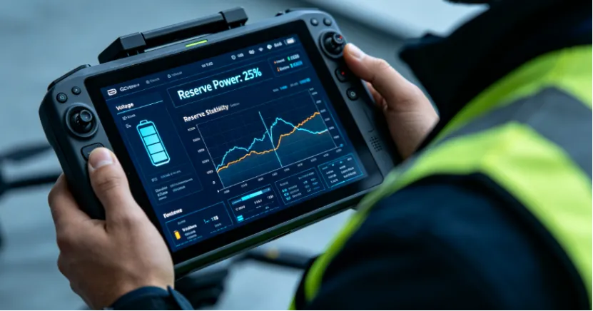 Drone ground station screen showing real-time battery telemetry and reserve power graphs.