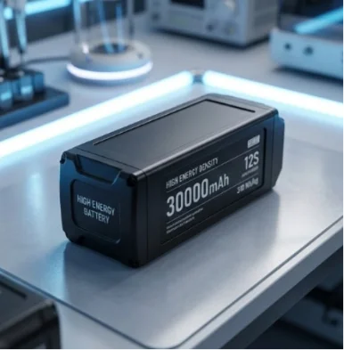 Heavy-duty 30000mAh drone battery pack on an engineering workbench.