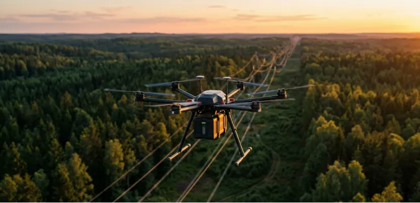 Heavy-lift drone flying over power lines at sunset.
