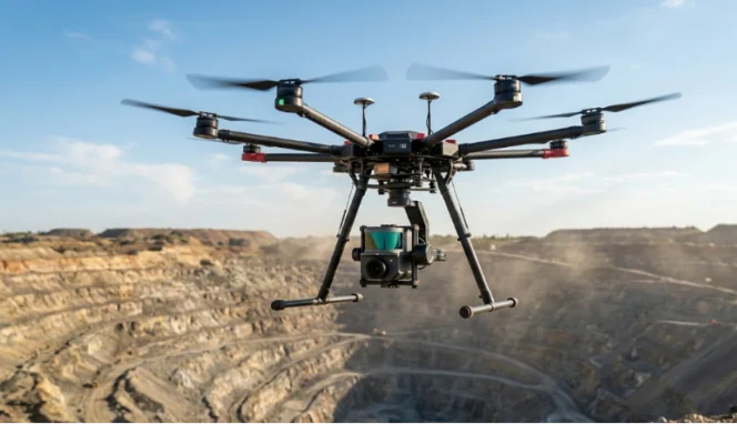 Heavy-lift drone mapping an open-pit mine.