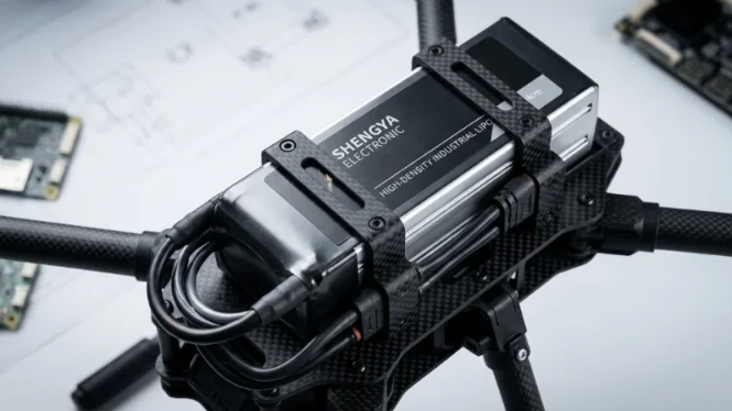 High-density drone battery pack mounted on frame.
