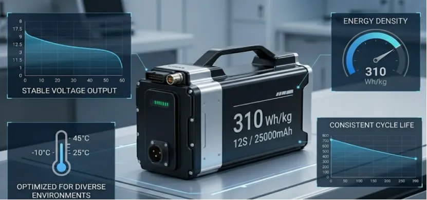 High-energy density industrial drone battery with 310 Whkg performance specifications.