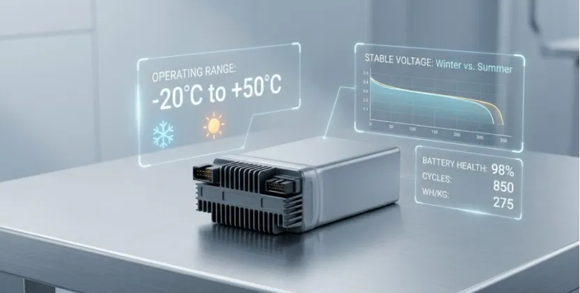 High-energy drone battery displaying -20°C to +50°C operating range.