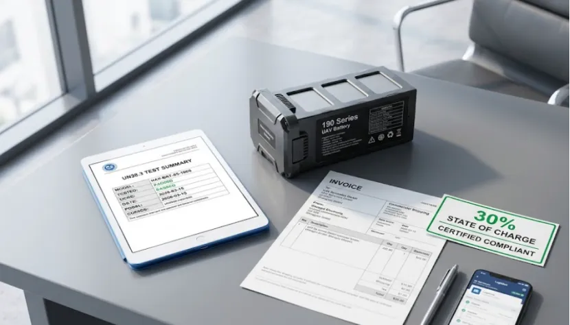 Industrial drone battery with tablet showing UN38.3 test summary and 30% SoC label.