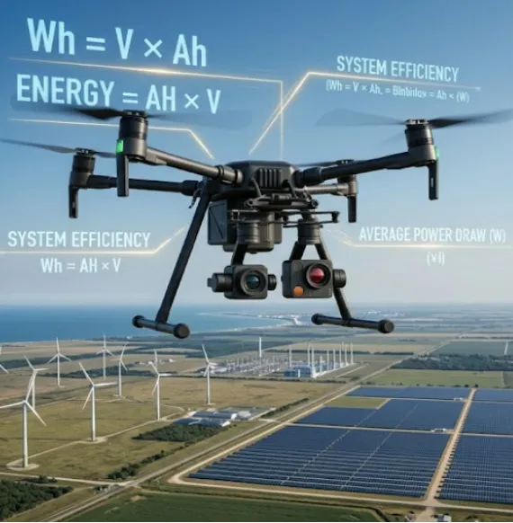 Industrial drone with flight time calculation formulas.