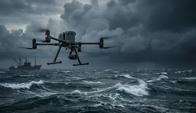 Industrial maritime drone flying over stormy ocean.