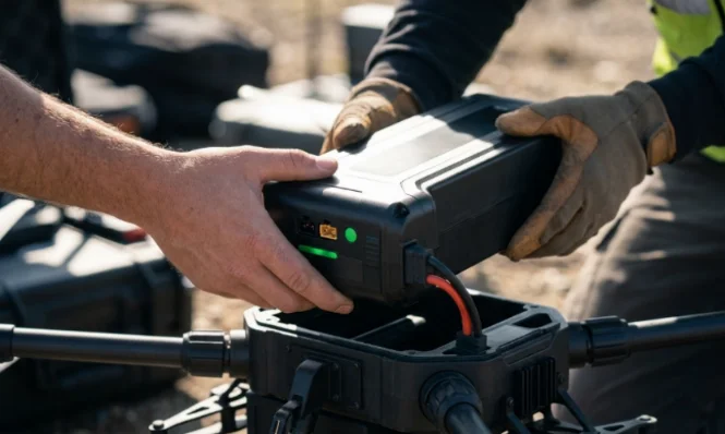 Installing a heavy-lift drone battery pack.