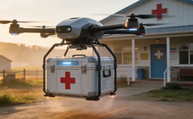 Medical drone landing at clinic.