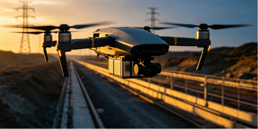 Professional drone flying over an industrial corridor during a sunset mission.