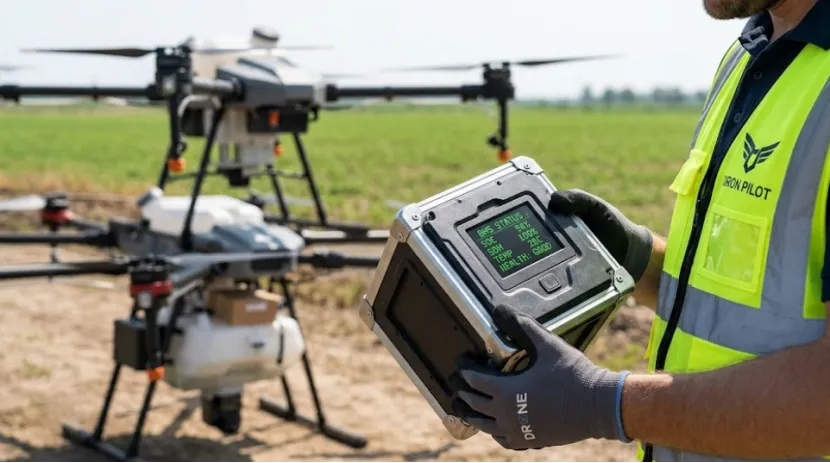 Technician inspecting smart drone battery data.