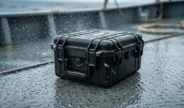 Waterproof hard-case maritime drone battery on wet deck.
