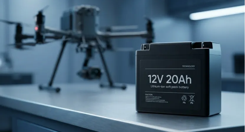 12V 20Ah lithium-ion battery pack with a drone blurred in the background