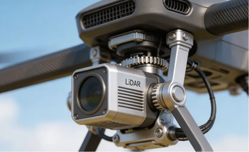 Close-up of a commercial drone carrying an industrial LiDAR sensor payload