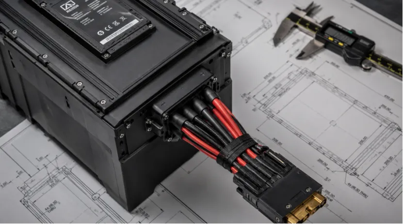 Custom UAV battery pack showing heavy-duty wire harness and connector on engineering blueprints