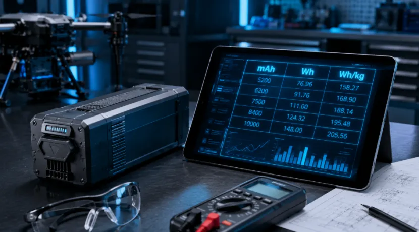 Digital tablet showing mAh, Wh, and Whkg drone battery specifications