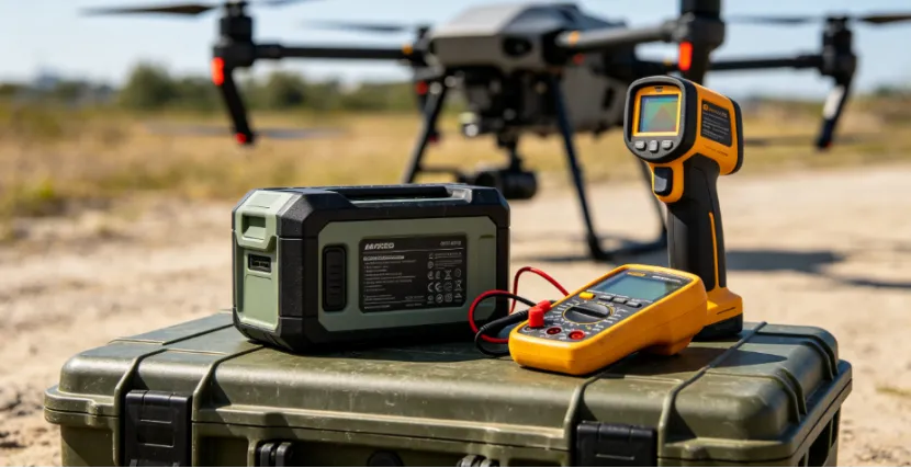 Drone battery and diagnostic tools on a field case with a drone in the background