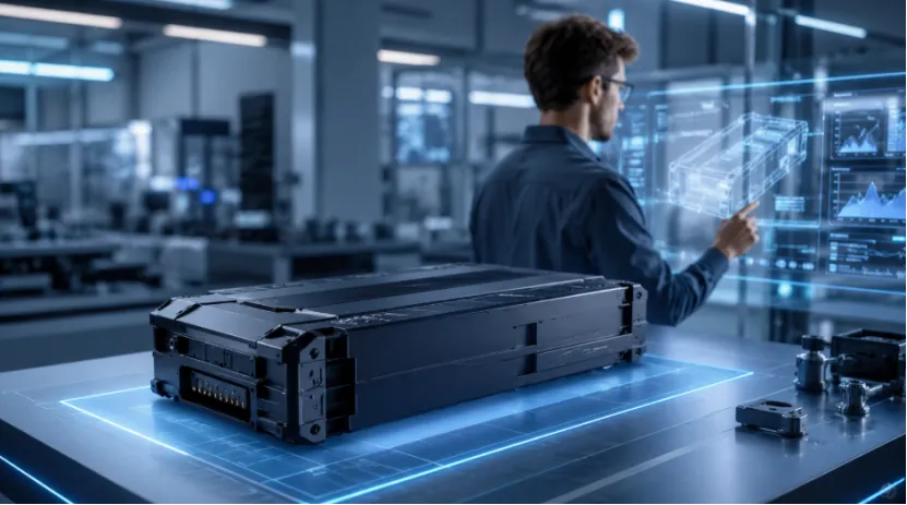 Engineer reviewing industrial drone battery pack on a high-tech inspection table