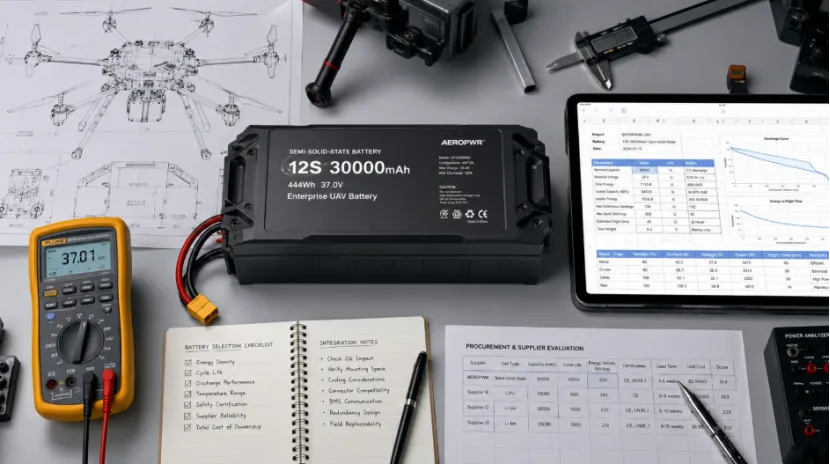 Engineer workbench showing a large 12S drone battery, drone blueprints, and calculation tablet