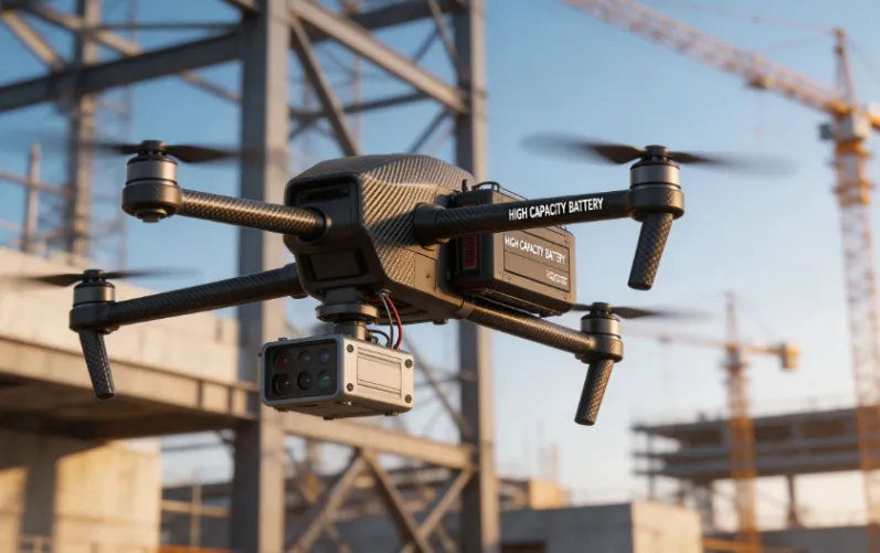 Heavy-lift commercial drone with high-capacity battery flying at construction site