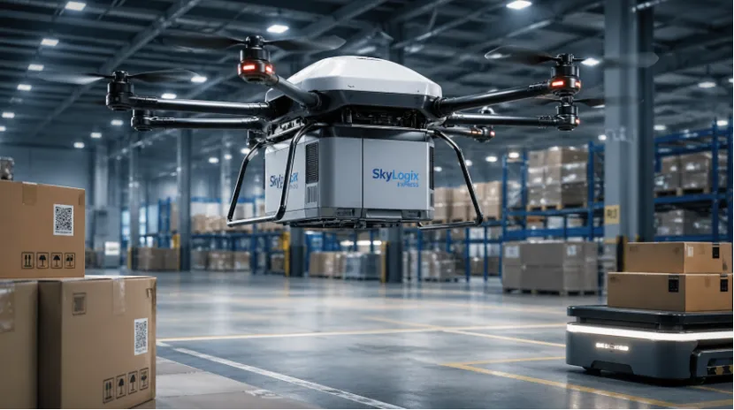 Heavy-lift delivery drone operating inside a modern logistics warehouse