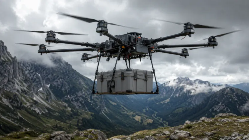 Heavy-lift industrial drone carrying cargo over a mountain landscape