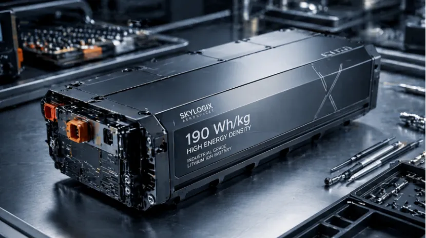 High-energy-density industrial drone battery pack on an engineering workbench