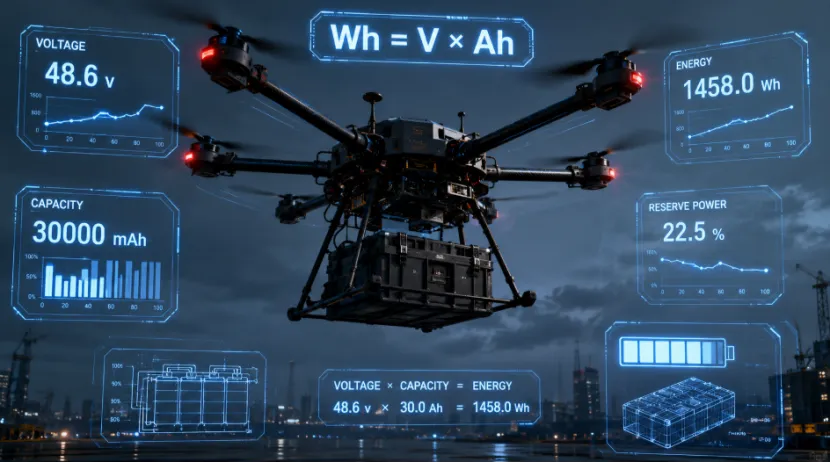 Industrial delivery drone with holographic HUD displaying battery capacity and Wh calculations