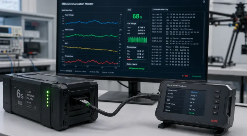 Industrial drone battery connected to diagnostic analyzer displaying real-time BMS communication data
