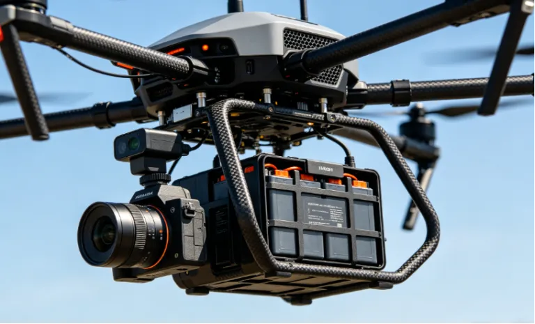 Industrial drone in flight carrying a camera and battery payload