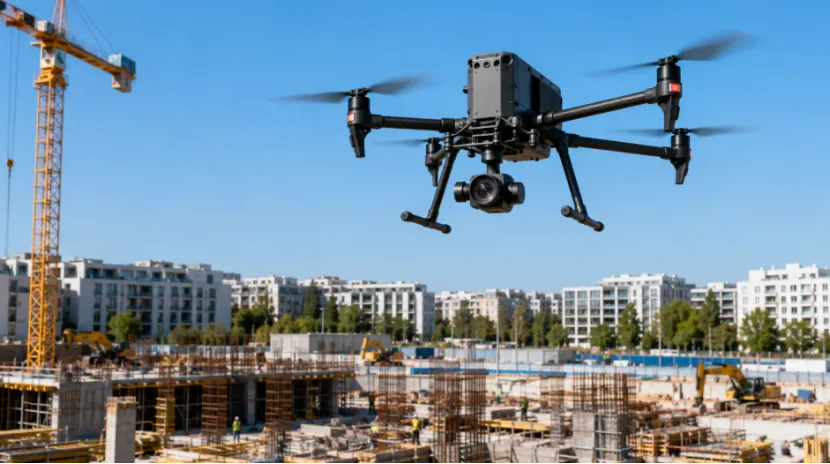 Lightweight commercial quadcopter drone mapping a construction site