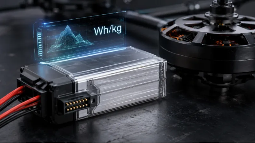 Lightweight high energy density drone battery next to an industrial multi-rotor motor