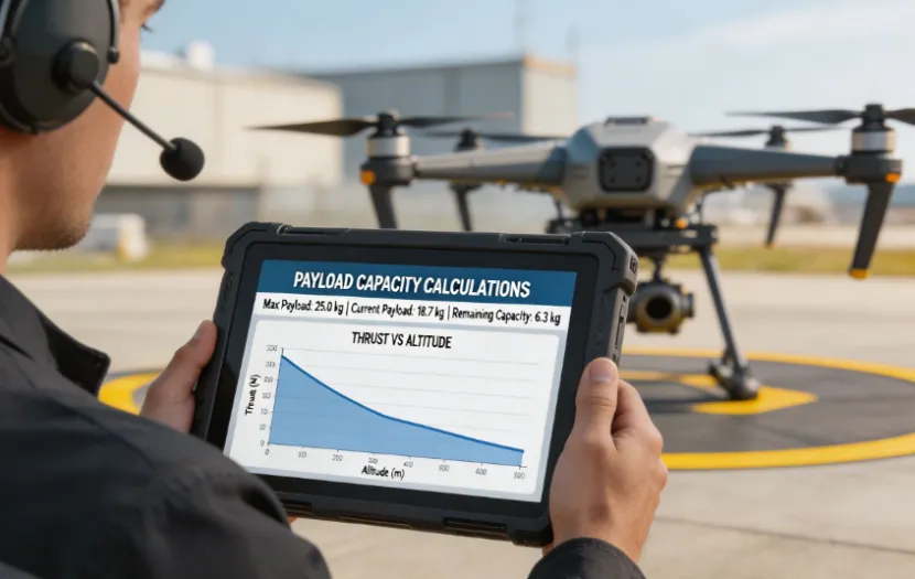Operator checking drone payload capacity calculations on a rugged tablet